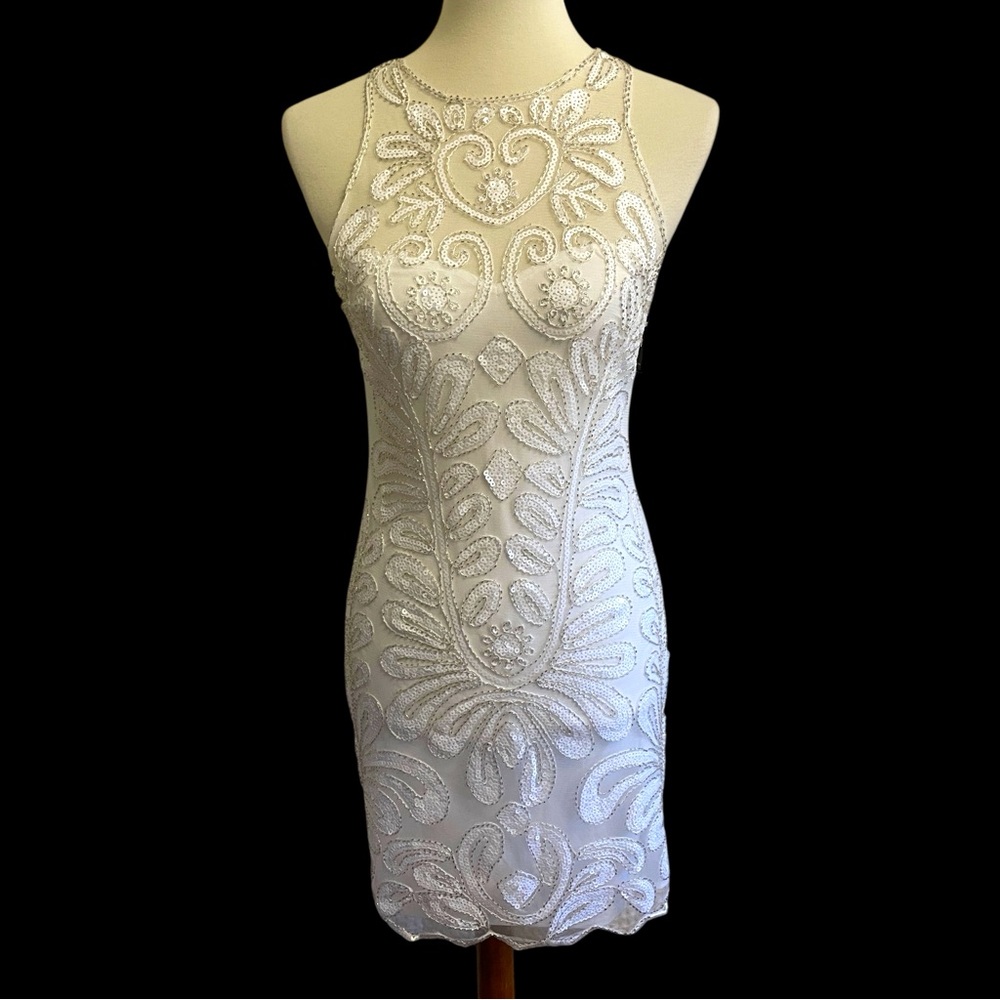Lulus Mini Dress Bodycon White Sequins Silver Beads Sleeveless Lined Size Small